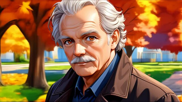 Senior man enjoys autumn walk in neighborhood surrounded by colorful leaves and trees