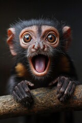 Fototapeta premium A playful young monkey caught mid-yell, expressing excitement.