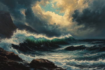 A stormy sea with crashing waves against a rugged coastline