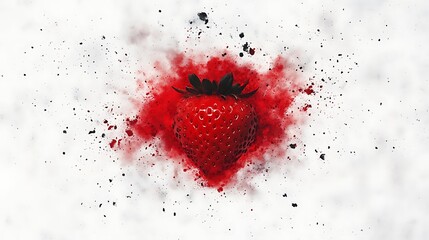 Strawberry explodes in splash of color on white background. Use ads, dessert recipes