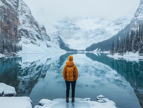 Hiker looks at lake with snowy mountains