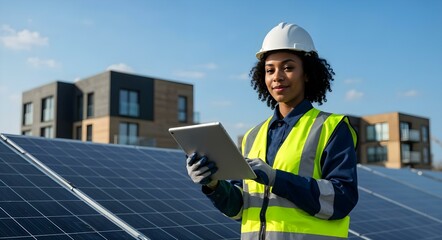 A Black female engineer wearing a hard hat and safety vest stands in a roof inspecting a sola panel installation, holding a tablet.	
