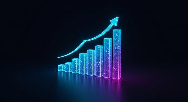 Digital neon chart showing business growth. Financial graph with rising trend line. Stock market investment analysis with glowing blue and purple columns.