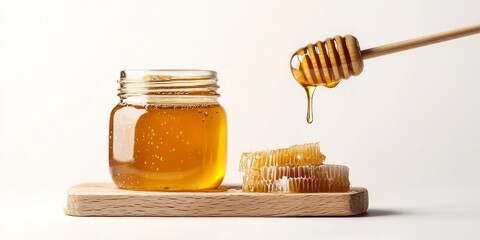Honey Dripping From Dipper Onto Honeycomb and Jar on Wooden Board