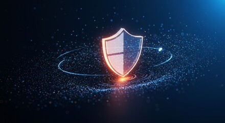 Glowing shield safeguarding digital network. Cyber security and data protection concept. Network security system for data privacy. Cybersecurity threat prevention.
