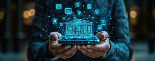 Businessman holding digital interface of interactive financial applications on smartphone