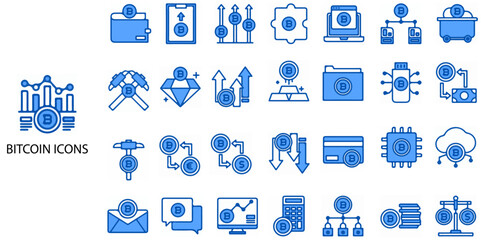 Bitcoin simple concept 28 colour icons set. Contains such bitcoins, bitcoin, browser, wallet, balance, cloud, structure .Vector illustration.