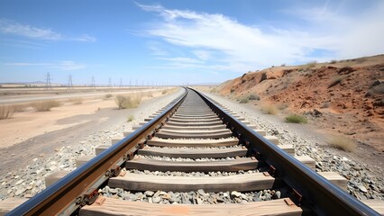 Discover a striking view of railway tracks stretching into the horizon, set against a vast desert landscape under a clear blue sky, evoking a sense of adventure and exploration.   