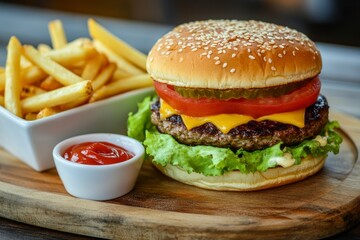 Classic Cheeseburger with Fries and Ketchup on Wooden Board Ready to Eat