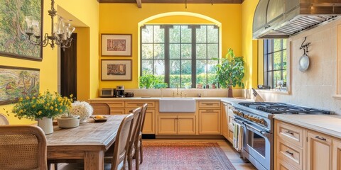 Fototapeta premium A beautifully designed kitchen features warm color walls and cabinetry