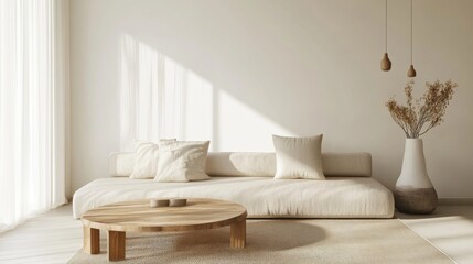 A bright minimalist living room with a neutral color palette, featuring a cozy sofa, wooden coffee table, and soft lighting.