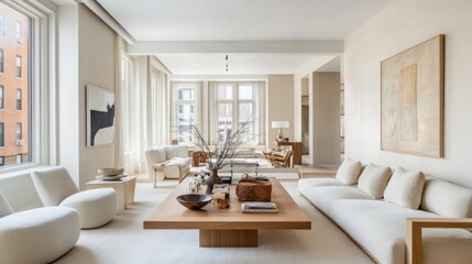 Fototapeta premium A bright and airy living room with minimal decor, a wooden coffee table, and a soft, neutral-colored sofa.