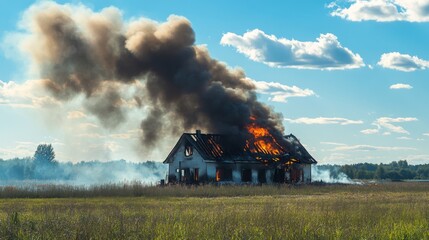 A burning house seen from a distance, thick black smoke rising against the blue sky.