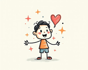Joyful Child with Heart Balloon in a Colorful Cartoon Style Illustration