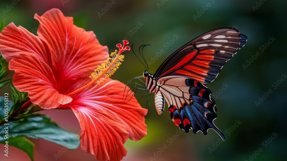 Poster a close-up of a butterfly with intricate wing patterns hovering over a bright red hibiscus flower.