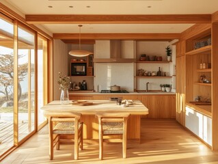 A naturally lit modern kitchen interior with light wood accents