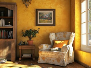 A cozy reading nook featuring comfortable furniture and art decor