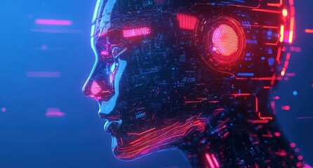 Obraz premium Futuristic robotic head with glowing digital circuits and abstract neon lighting