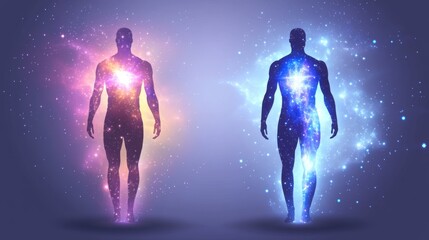 Spiritual beings in vibrant cosmic landscapes.