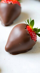 Obraz premium Delicious chocolate-covered strawberries elegantly arranged with rich, dark chocolate coating and fresh green leaves peeking through, creating a tempting dessert display