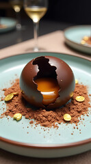 A decadent chocolate sphere with a broken shell reveals a rich orange filling, surrounded by cocoa powder and golden chocolate coins on a stylish plate