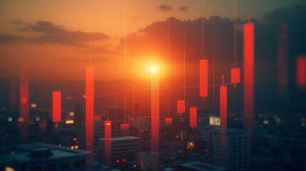 Visual representation of a financial analysis on blurred modern city in the background