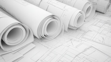 Rolled architectural blueprints, detailed plans, technical drawings, design, background