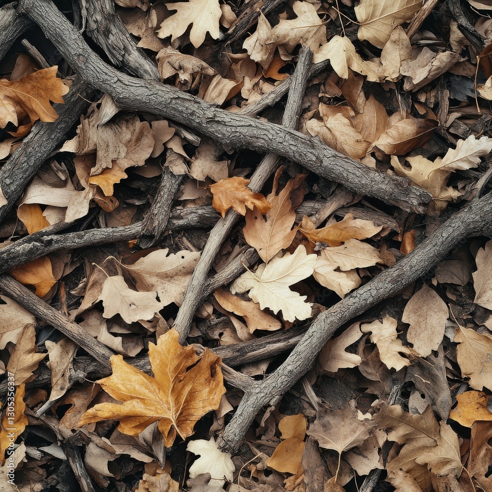 Poster Autumnal Textures: A Close-Up View of Fallen Leaves and Twigs on the Forest Floor.