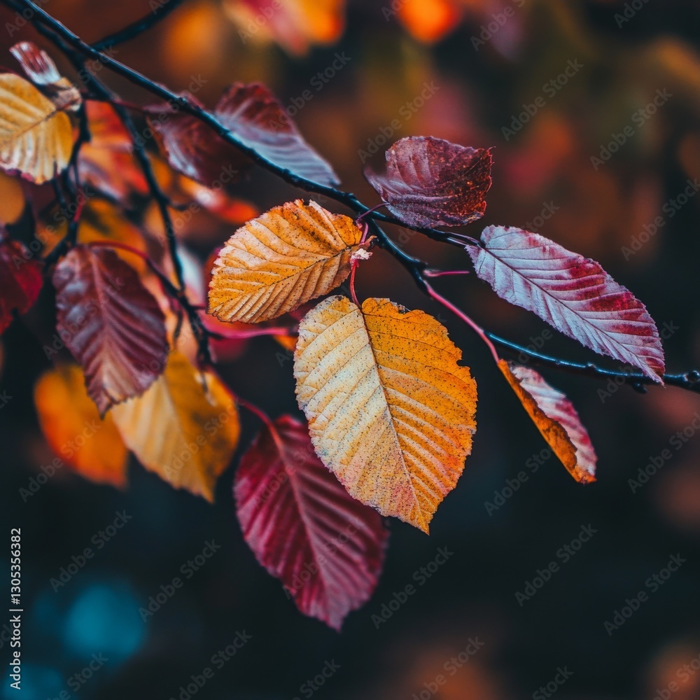 Poster autumn's fiery display: close-up of vibrant fall foliage and dark branches against blurred backgroun