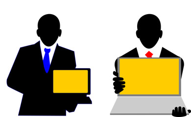 Businessman holding laptop and showing its screen.  Illustration of businessman with laptop and blank screen, simple elements on business, education and technology theme.