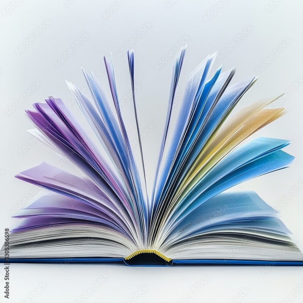 Poster colorful pages unveiled: a captivating open book displaying a spectrum of hues against a crisp white