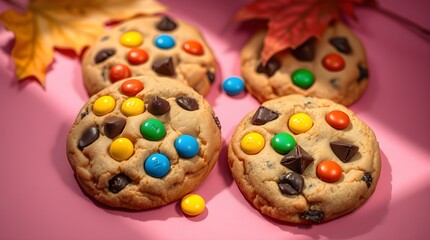 tock photo close-up of four chocolate chip cookies with colorful M&M's, stacked on pink.