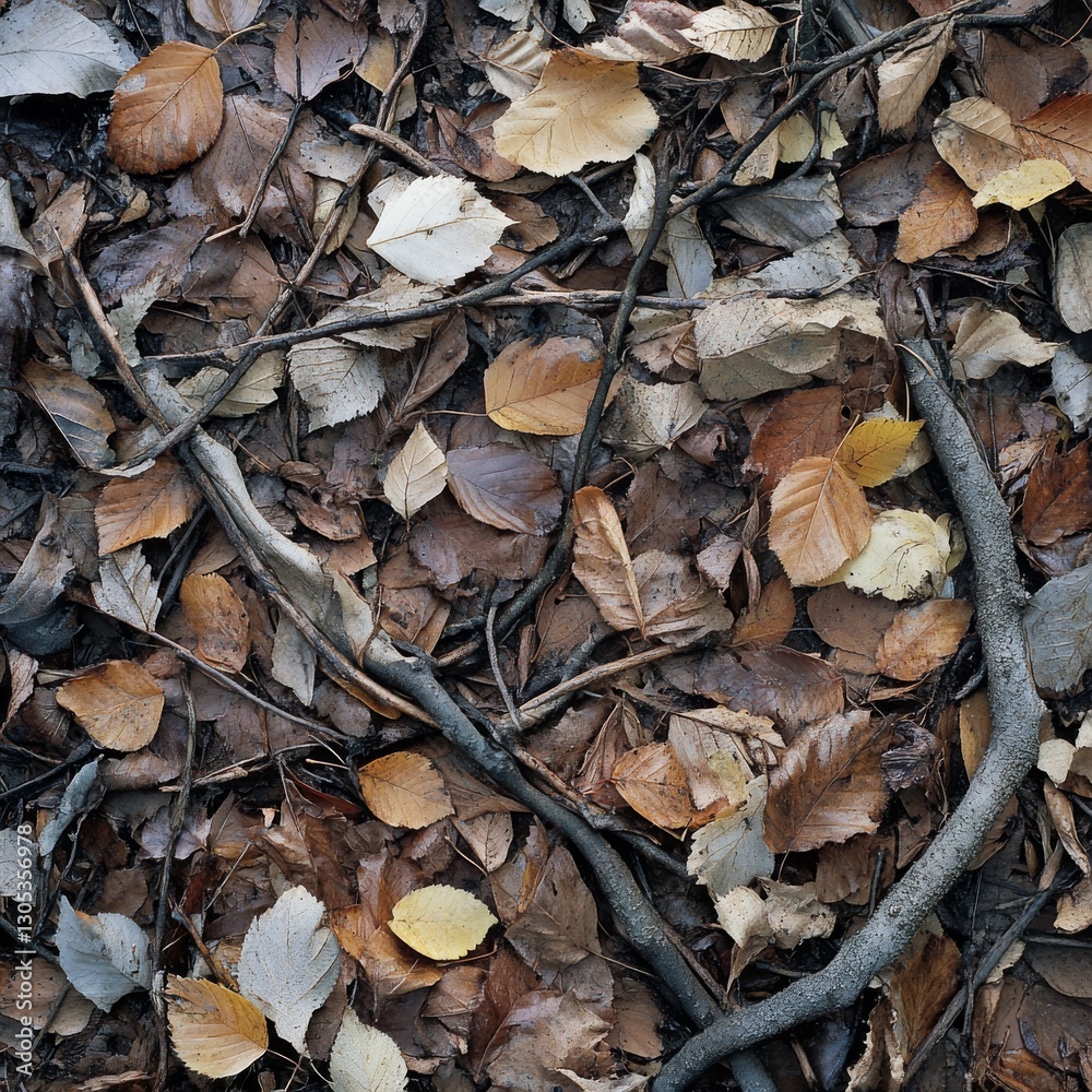 Poster forest floor tapestry: a textured mosaic of decaying leaves and twigs in autumnal hues, creating a r