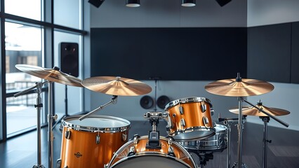 Fototapeta premium A vibrant orange drum set in a modern music studio, featuring professional soundproofing and stylish design, perfect for rehearsals and recordings. 