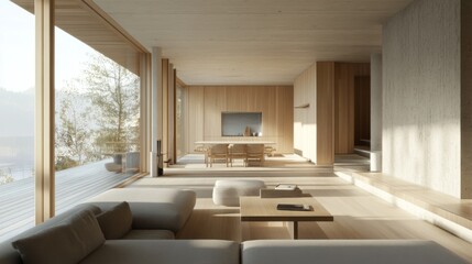 Obraz premium A modern minimalist living room with an open-concept layout, light gray furniture, and natural wooden elements.