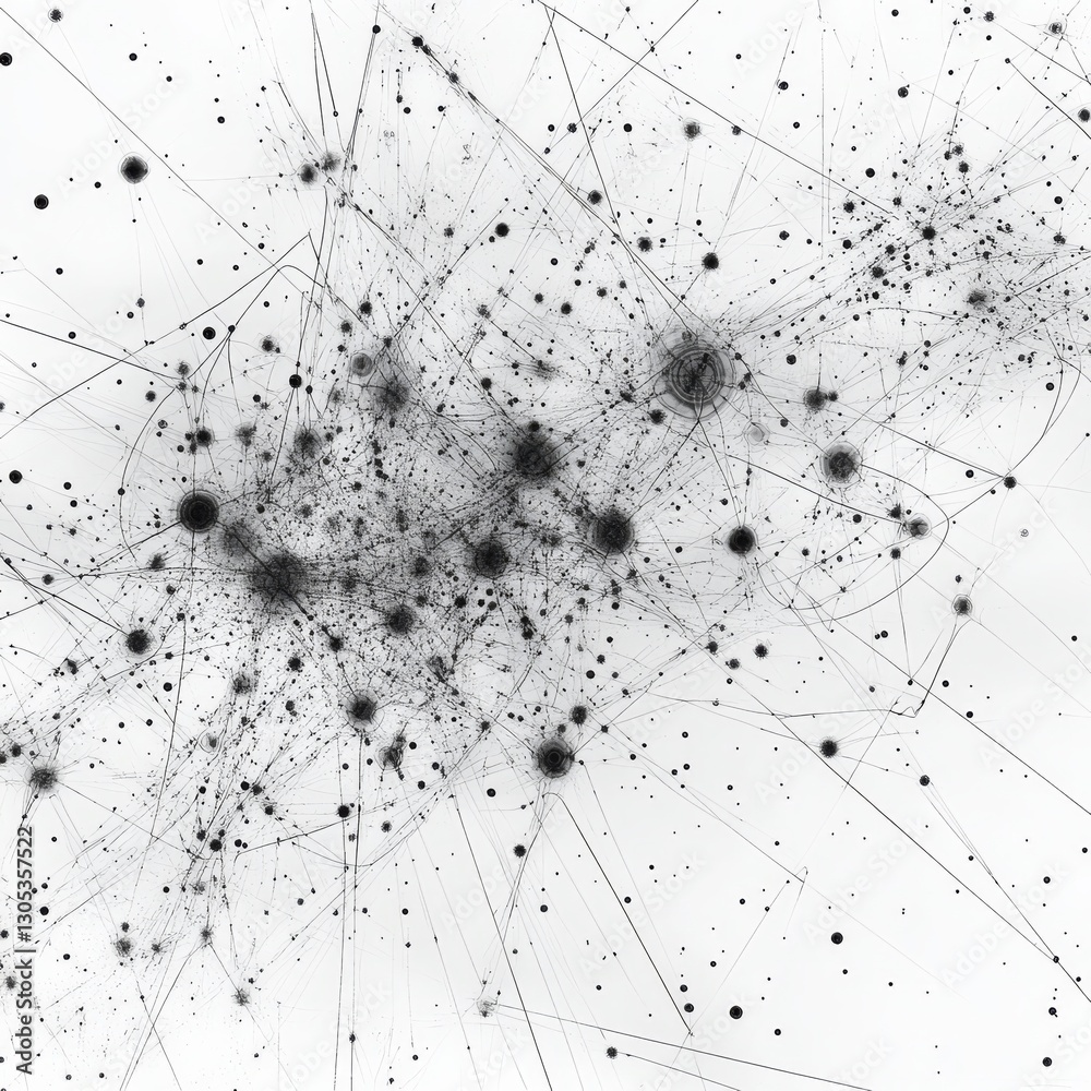 Poster Interconnected Chaos: A Network of Nodes and Lines on a Minimalist White Background Displaying Complex Connectivity