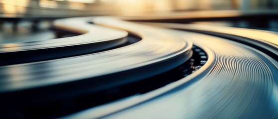 Sleek, curved metal tracks shimmer in warm light, embodying motion and modernity within an industrial setting.