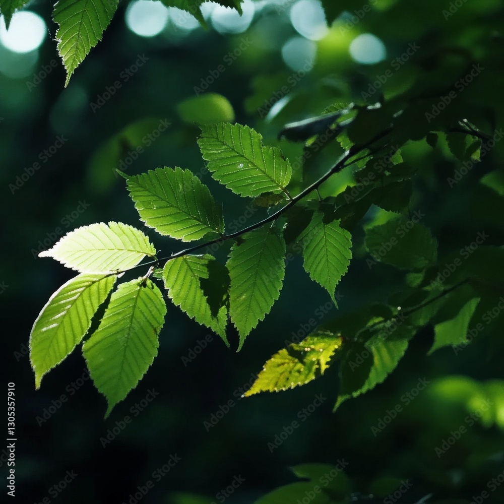 Aufkleber sunlit green leaves on a branch: a serene forest moment with beautiful bokeh highlights in the backg