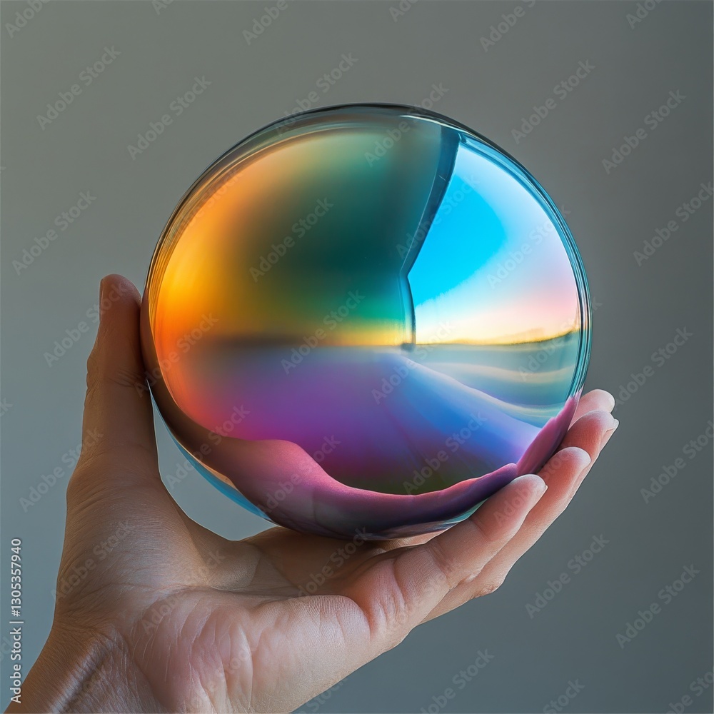 Poster the orb of perception: a hand holding a spherical object reflecting a dreamlike landscape within its