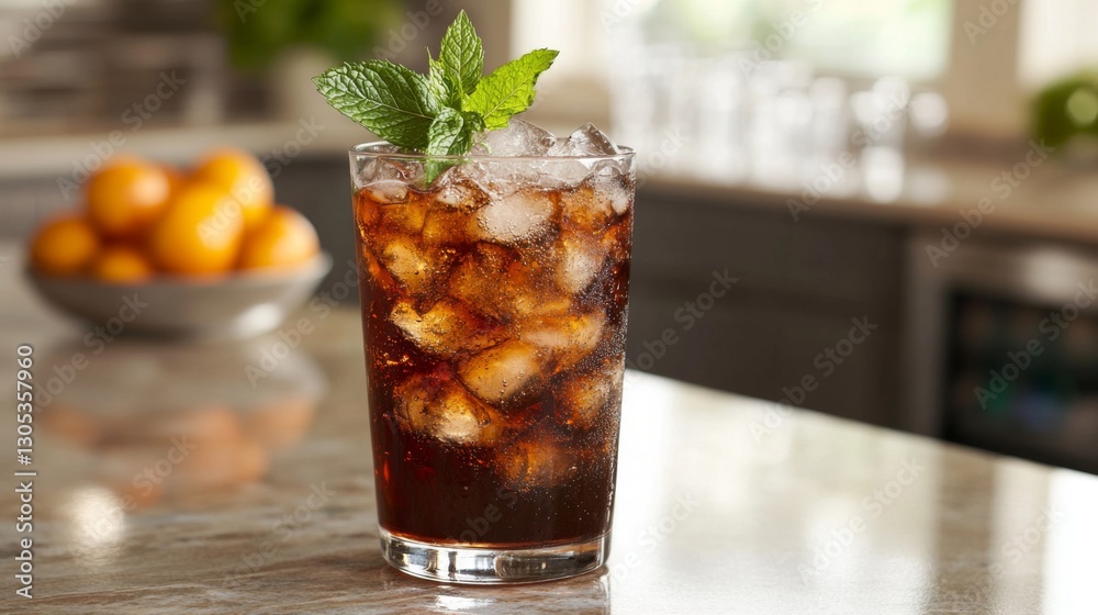 Aufkleber a refreshing soda with ice and a mint leaf garnish, placed on a bar counter.