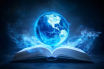 Glowing blue Earth emerging from open book. Magical education concept. Global knowledge, wisdom, and learning. Science and geography study visualization with copy space