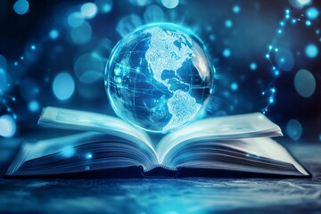 Glowing digital globe hovering over open book. Global education, knowledge, and technology concept. Blue background with bokeh lights. Learning and information access visualization