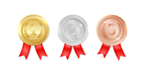 a set of award medals made of gold, silver and bronze, champion awards for first, second, third places