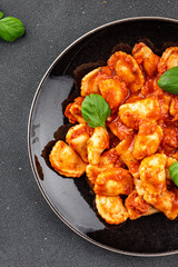 ravioli tomato sauce delicious gourmet food background on the table rustic food top view copy space