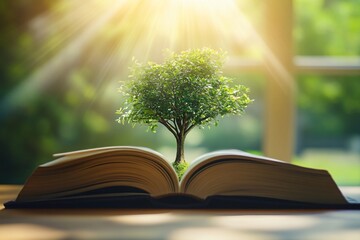Tree growing from open book pages. Nature and knowledge concept. Education, growth, wisdom symbolism. Environmental awareness. Learning resource with copy space