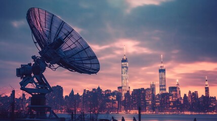 A satellite dish transmitting news signals, with a city skyline in the background.