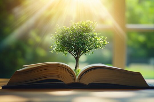 Tree growing from open book pages. Nature and knowledge concept. Education, growth, wisdom symbolism. Environmental awareness. Learning resource with copy space