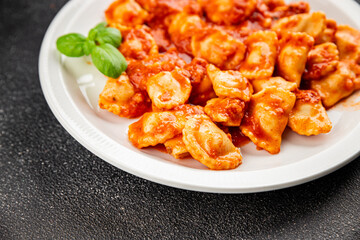 ravioli tomato sauce delicious gourmet food background on the table rustic food top view copy space