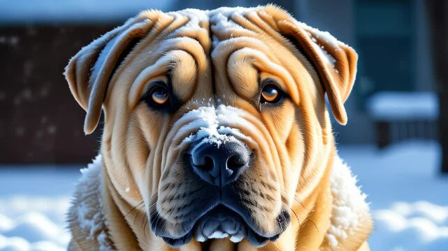 Snow-dusted Shar Pei enjoying winter outdoors in a serene snowy landscape