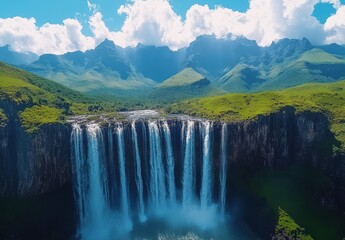 Fototapeta premium Majestic waterfall cascading down rocky cliffs surrounded by lush green landscape under a bright blue sky with clouds in the background